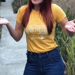 Yellow Vintage “Blondes Have More Fun” Baby Tee Short Sleeve T-Shirt